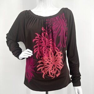 DKNY 100% Silk Blouse Extra Long Gathered Gathered Sleeves, Fireworks on Front S